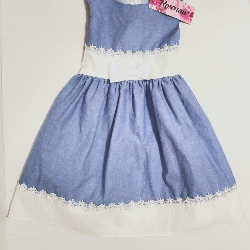 Rosenau Girl Dress - Baby Blue with White Floral Trim